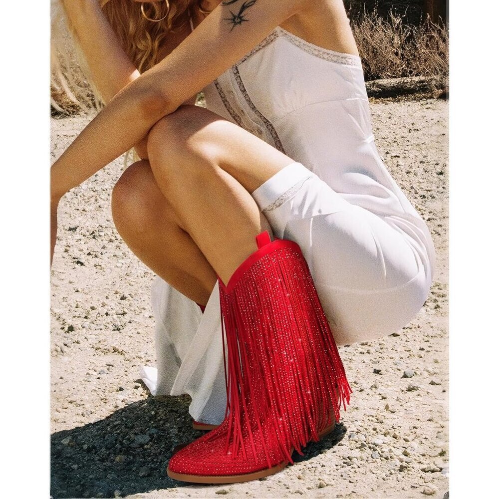Women's Red Rhinestone Sparkly Fringe Chunky Heel Pointed Toe Ankle Boots - Picture 3 of 7